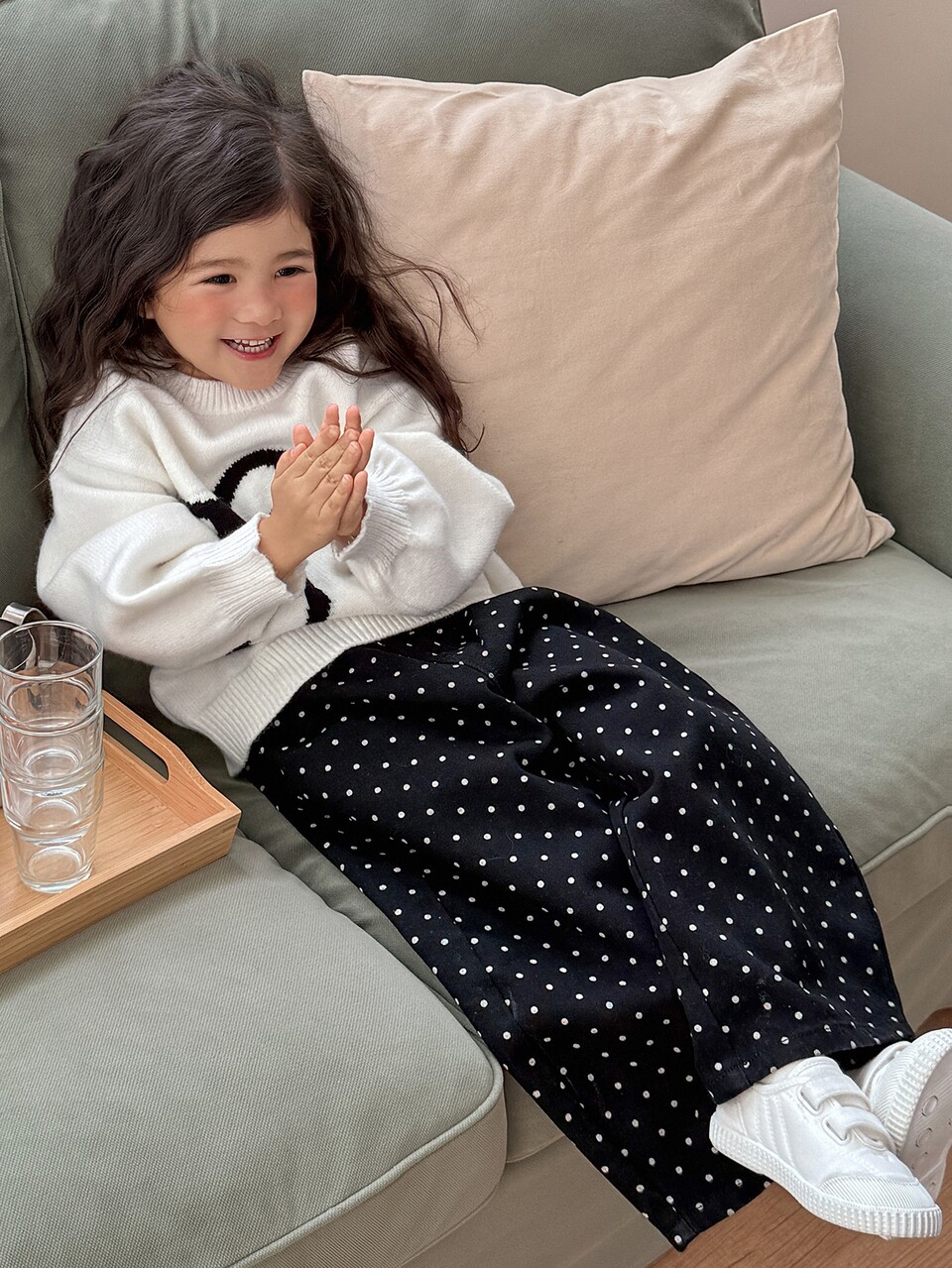 Young Girls' Polka Dot Black Casual Autumn/Winter Curved Leg Pants, Versatile All-Match Denim Jeans
