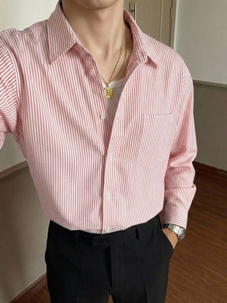 DAZY Spring Pink Striped Long Sleeve Short Street Style Men's Shirt Fall - Pink - View 5