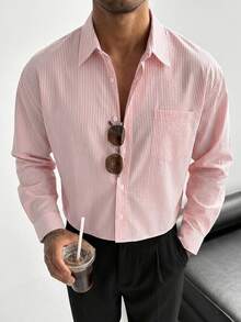 DAZY Spring Pink Striped Long Sleeve Short Street Style Men's Shirt - Pink - View 6