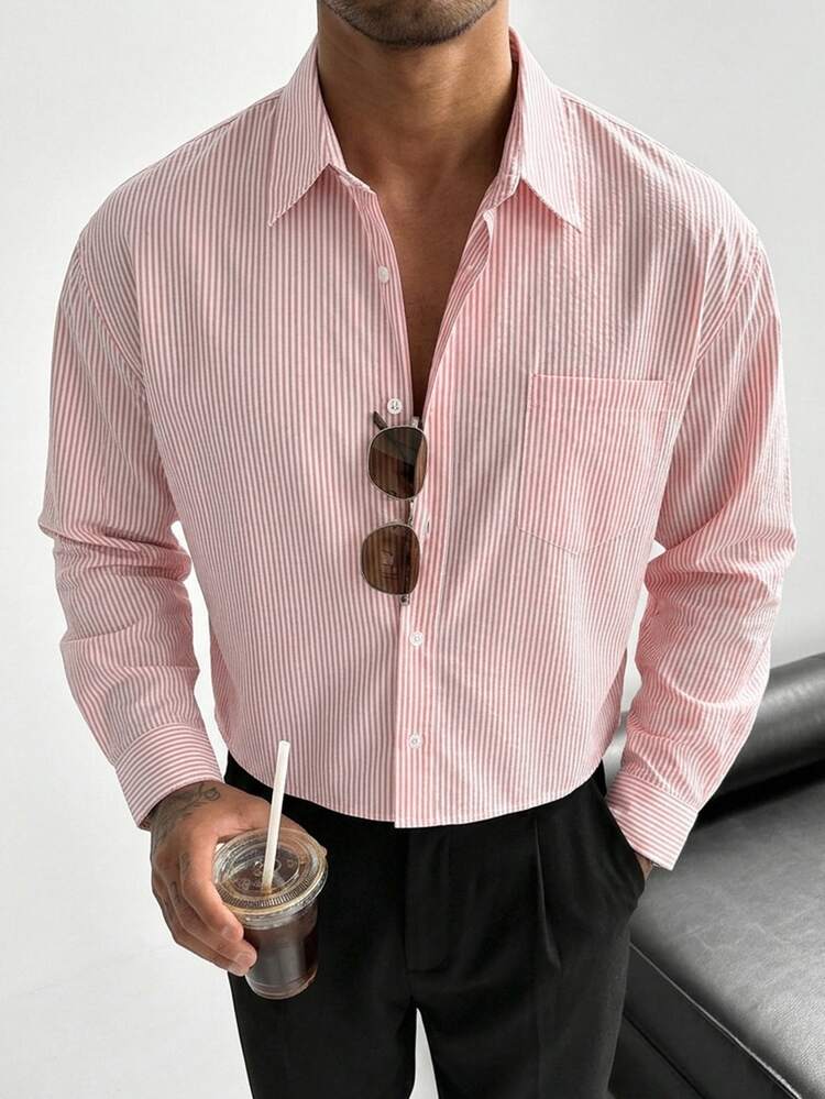 DAZY Spring Pink Striped Long Sleeve Short Street Style Men's Shirt Fall - Pink - View 6