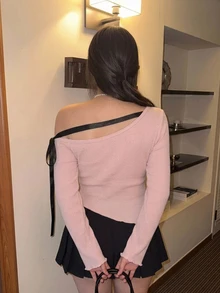Dazy Plus Stretch Fitted Patchwork Lace-Up Off-Shoulder Minimalist Sexy Pink Young Lady Long Sleeve Spring Autumn T-Shirt - Pink - View 2