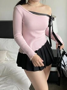 Dazy Plus Stretch Fitted Patchwork Lace-Up Off-Shoulder Minimalist Sexy Pink Young Lady Long Sleeve Spring Autumn T-Shirt - Pink - View 6