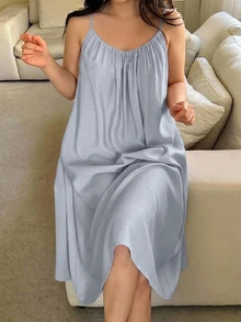 Dazy Plus Gaun Tidur Kasual Elegan Midi dengan Detail Kerut dan Tali Bahu Tipis Minimalis untuk Musim Panas - Biru - View 2
