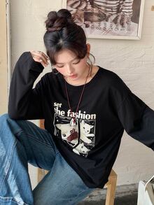 Dazy Plus Cartoon Print Loose Fit Long Sleeve T-Shirt, Spring/Autumn New Style Graphic Tees - Black - View 4