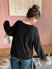 Dazy Plus Cartoon Print Loose Fit Long Sleeve T-Shirt, Spring/Autumn New Style Graphic Tees - Black - View 2