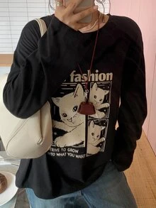 Dazy Plus Cartoon Print Loose Fit Long Sleeve T-Shirt, Spring/Autumn New Style Graphic Tees - Black - View 8