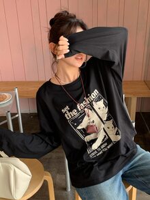 Dazy Plus Cartoon Print Loose Fit Long Sleeve T-Shirt, Spring/Autumn New Style Graphic Tees - Black - View 6