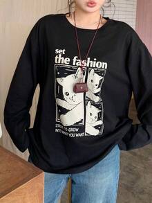 Dazy Plus Cartoon Print Loose Fit Long Sleeve T-Shirt, Spring/Autumn New Style Graphic Tees - Black - View 7