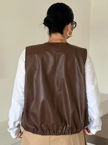 Dazy Plus Jaket Kulit Model Longgar Kasual untuk Blogger, Rompi PU untuk Musim Semi/Musim Panas/Musim Gugur, Pakaian Luar - Coklat - View 7