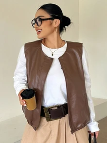 Dazy Plus Jaket Kulit Model Longgar Kasual untuk Blogger, Rompi PU untuk Musim Semi/Musim Panas/Musim Gugur, Pakaian Luar - Coklat - View 5