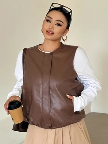 Dazy Plus Jaket Kulit Model Longgar Kasual untuk Blogger, Rompi PU untuk Musim Semi/Musim Panas/Musim Gugur, Pakaian Luar - Coklat - View 4
