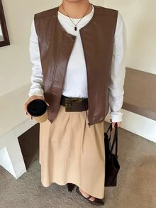 Dazy Plus Jaket Kulit Model Longgar Kasual untuk Blogger, Rompi PU untuk Musim Semi/Musim Panas/Musim Gugur, Pakaian Luar - Coklat - View 1