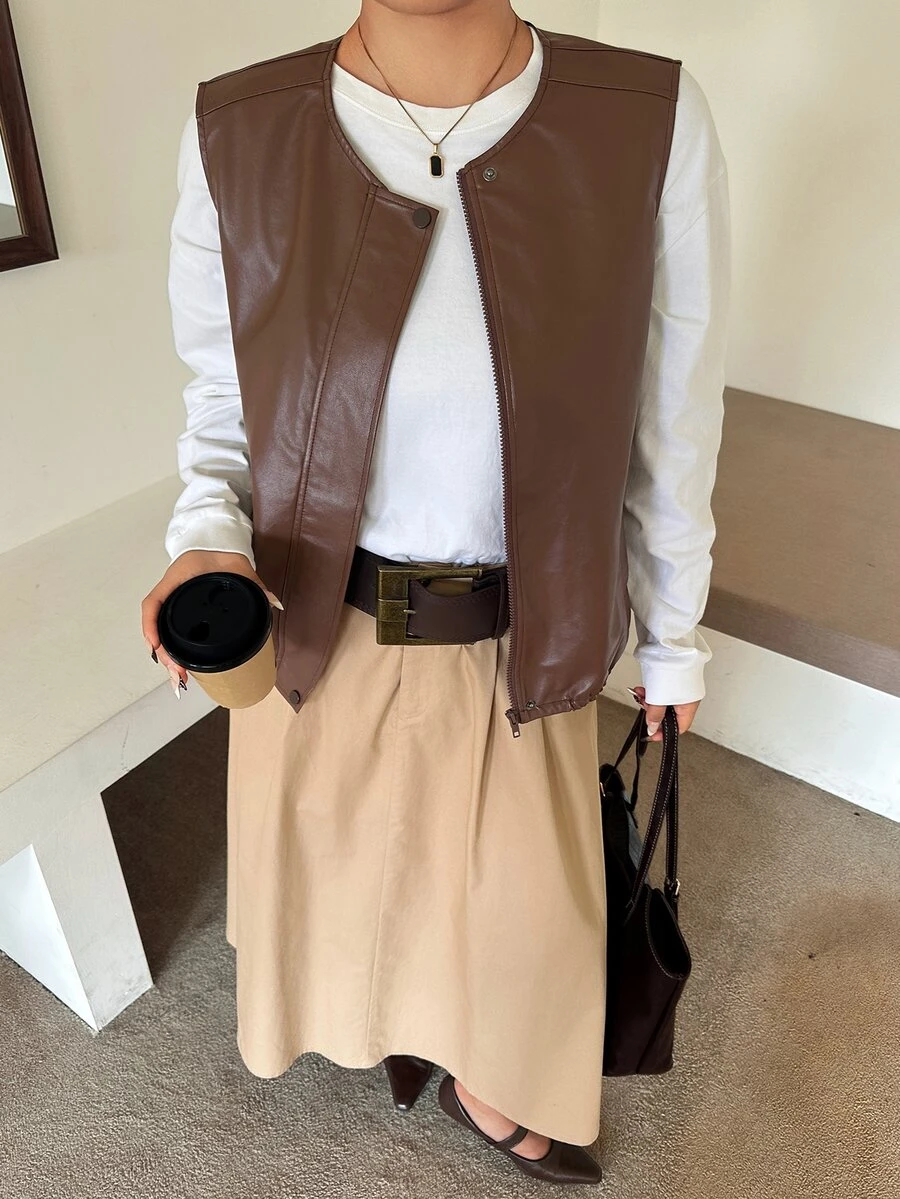 Dazy Plus Jaket Kulit Model Longgar Kasual untuk Blogger, Rompi PU untuk Musim Semi/Musim Panas/Musim Gugur, Pakaian Luar - Coklat - View 1