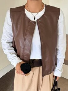 Dazy Plus Jaket Kulit Model Longgar Kasual untuk Blogger, Rompi PU untuk Musim Semi/Musim Panas/Musim Gugur, Pakaian Luar - Coklat - View 2