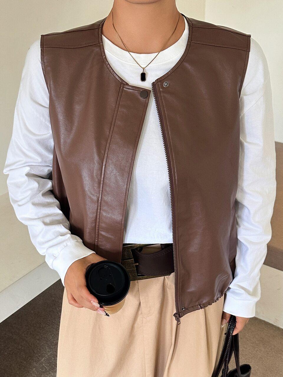 Dazy Plus Loose Blogger Casual Layering PU Vest Spring Summer Autumn Outerwear