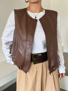 Dazy Plus Jaket Kulit Model Longgar Kasual untuk Blogger, Rompi PU untuk Musim Semi/Musim Panas/Musim Gugur, Pakaian Luar - Coklat - View 6