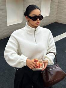 Dazy Plus Fleece Thickened Solid Color Loose Casual Pullover Sweatshirt For Autumn/Winter - White - View 4