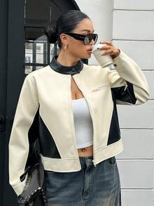 Dazy Plus Colorblock Patchwork Street Casual Blogger Leather Jacket Spring Autumn New Motorcycle Regular Fit Outerwear - White - View 2