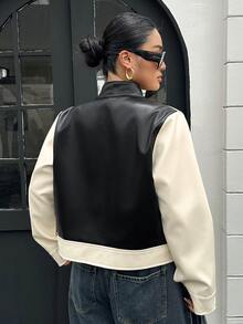 Dazy Plus Colorblock Patchwork Street Casual Blogger Leather Jacket Spring Autumn New Motorcycle Regular Fit Outerwear - White - View 9