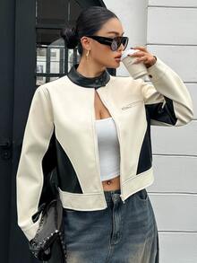 Dazy Plus Colorblock Patchwork Street Casual Blogger Leather Jacket Spring Autumn New Motorcycle Regular Fit Outerwear - White - View 6