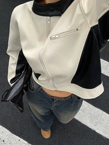 Dazy Plus Colorblock Patchwork Street Casual Blogger Leather Jacket Spring Autumn New Motorcycle Regular Fit Outerwear - White - View 1