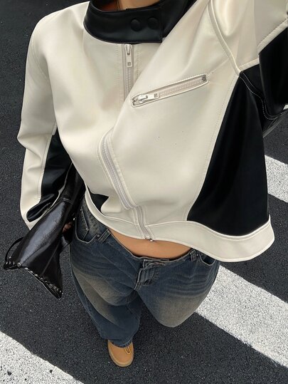 Dazy Plus Colorblock Patchwork Street Casual Blogger Leather Jacket Spring Autumn New Motorcycle Regular Fit Outerwear