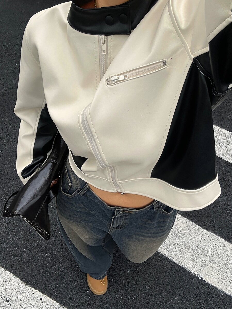 Dazy Plus Colorblock Patchwork Street Casual Blogger Leather Jacket Spring Autumn New Motorcycle Regular Fit Outerwear - White - View 1