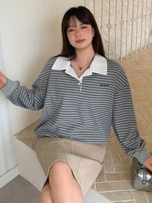Dazy Plus Kaos Polo Lengan Panjang Longgar dengan Bordir Huruf dan Garis Kontras, Model Streetwear Kasual Musim Semi dan Gugur - Grey - View 3
