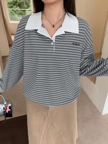 Dazy Plus Kaos Polo Lengan Panjang Longgar dengan Bordir Huruf dan Garis Kontras, Model Streetwear Kasual Musim Semi dan Gugur - Grey - View 7
