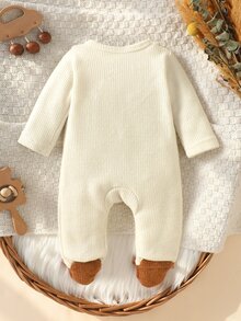 SHEIN 新生兒 (中性) 春/秋季可愛休閒活潑杏色與棕色拼接熊 3D 貼花刺繡長袖全開襟連身衣，適合日常穿著與外出 - 棕色 - 查看 4