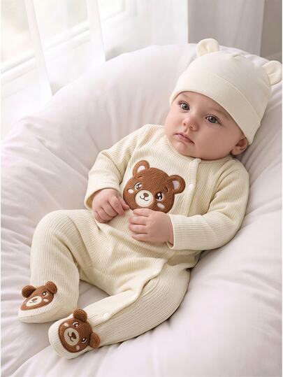 SHEIN Newborn (Unisex) Spring/Autumn Cute Casual Lively Apricot & Brown Color Block Bear 3D Applique Embroidery Long Sleeve Full Snap Footed Romper, Suitable For Daily Wear And Outings