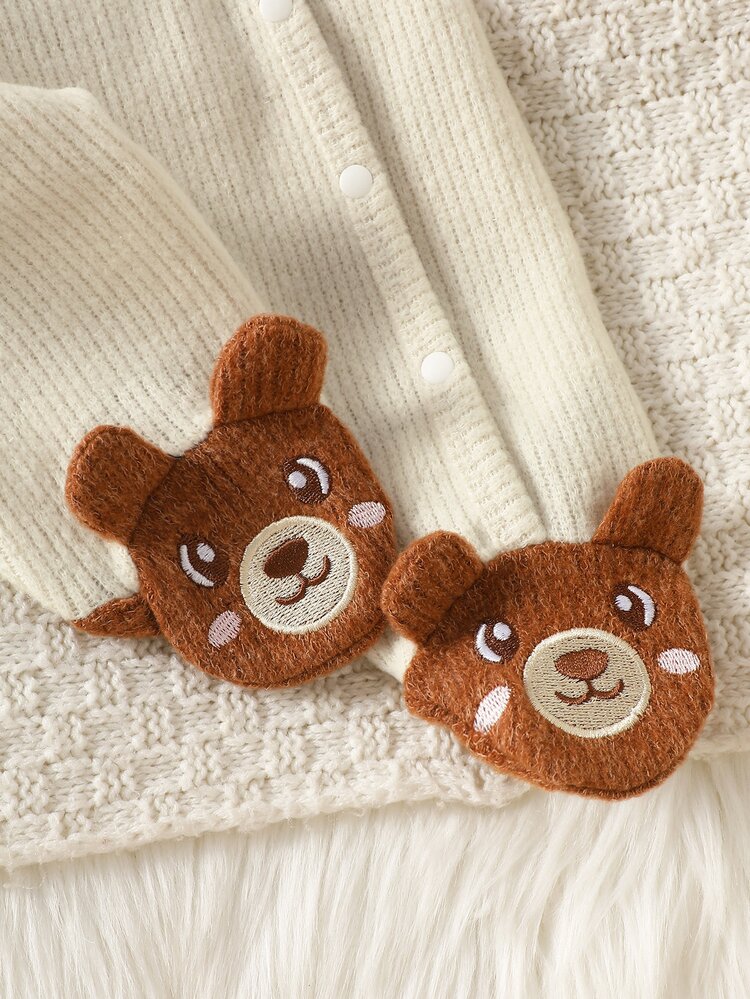 SHEIN Newborn (Unisex) Spring/Autumn Cute Casual Lively Apricot & Brown Color Block Bear 3D Applique Embroidery Long Sleeve Full Snap Footed Romper, Suitable For Daily Wear And Outings - Brown - View 5