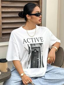 Dazy Plus Printed Letter Pattern Loose Street Casual Spring Summer Autumn White T-Shirt Oversized Tshirts For Women - White - View 1