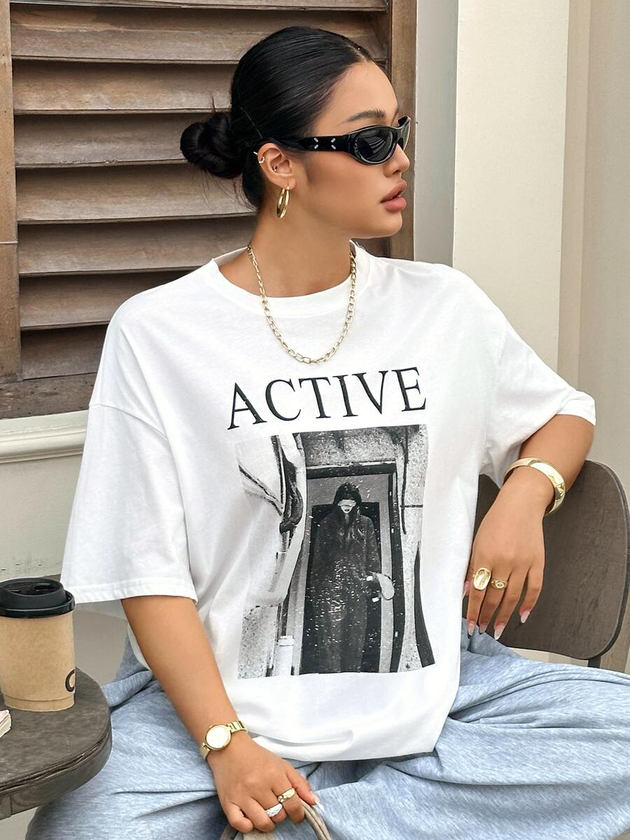 Dazy Plus Printed Letter Pattern Loose Street Casual Spring Summer Autumn White T-Shirt Oversized Tshirts For Women - White - View 1