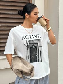 Dazy Plus Printed Letter Pattern Loose Street Casual Spring Summer Autumn White T-Shirt Oversized Tshirts For Women - White - View 5