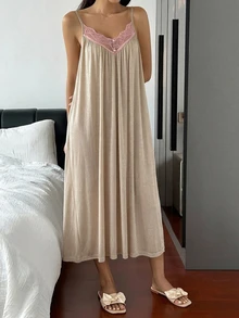 DAZY Lace Patchwork Loose Sleeveless Spaghetti Strap Long Dress Summer Outfit Women's Nightgown - Khaki - View 5