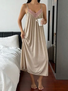 DAZY Lace Patchwork Loose Sleeveless Spaghetti Strap Long Dress Summer Outfit Women's Nightgown - Khaki - View 6