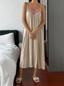 DAZY Lace Patchwork Loose Sleeveless Spaghetti Strap Long Dress Summer Outfit Women's Nightgown - Khaki - View 7