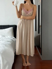 DAZY Lace Patchwork Loose Sleeveless Spaghetti Strap Long Dress Summer Outfit Women's Nightgown - Khaki - View 4