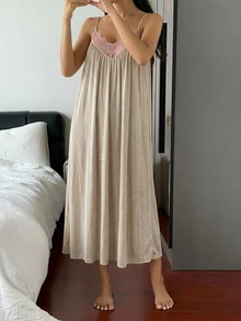 DAZY Lace Patchwork Loose Sleeveless Spaghetti Strap Long Dress Summer Outfit Women's Nightgown - Khaki - View 8
