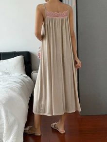 DAZY Lace Patchwork Loose Sleeveless Spaghetti Strap Long Dress Summer Outfit Women's Nightgown - Khaki - View 2