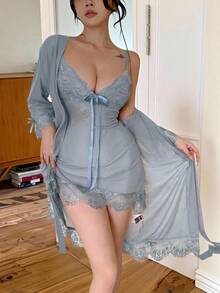 DAZY Mesh & Lace Sexy 2 Pieces Women's Spring Pajama Set - Baby Blue - View 3