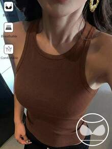 DAZY 女款純色修身圓領無袖背心內搭內衣 - 咖啡棕 - 查看 3