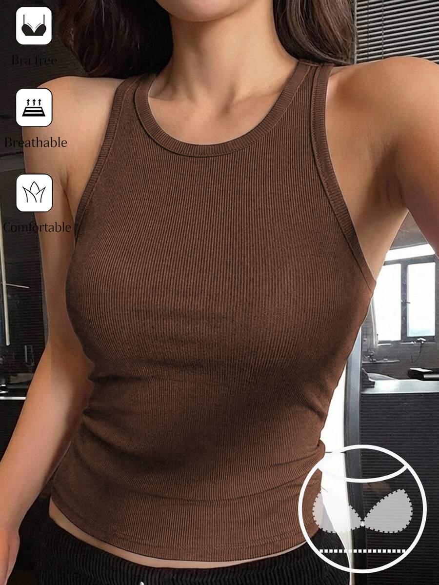 DAZY 女款純色修身圓領無袖背心內搭內衣 - 咖啡棕 - 查看 1