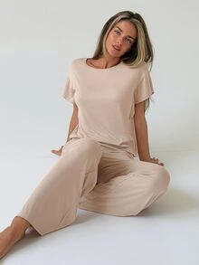 DAZY 極簡純色寬鬆短袖T恤與直筒長款睡褲女款居家服套裝 - 米色 - 查看 6