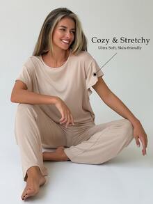 DAZY 極簡純色寬鬆短袖T恤與直筒長款睡褲女款居家服套裝 - 米色 - 查看 3