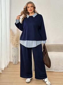 SHEIN CURVE+ Plus Size Striped Patchwork 2 In 1 Top And Pants Set Fall - Navy Blue - View 6