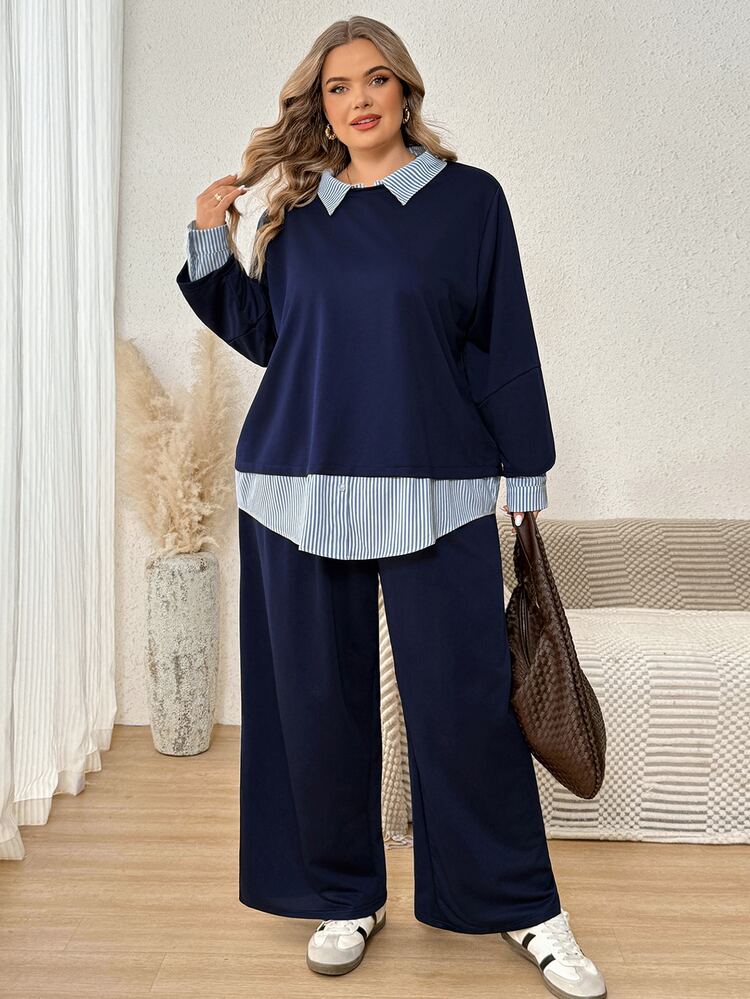 SHEIN CURVE+ 大尺碼條紋拼接 2 合 1 上衣與長褲套裝 秋季 - 藏蓝色 - 查看 6