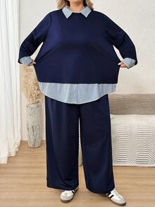 SHEIN CURVE+ Plus Size Striped Patchwork 2 In 1 Top And Pants Set Fall - Navy Blue - View 7