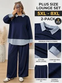 SHEIN CURVE+ Plus Size Striped Patchwork 2 In 1 Top And Pants Set Fall - Navy Blue - View 1